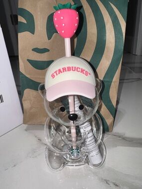 Starbucks Clear Bear Straw Cup with Pink Strawberry Top